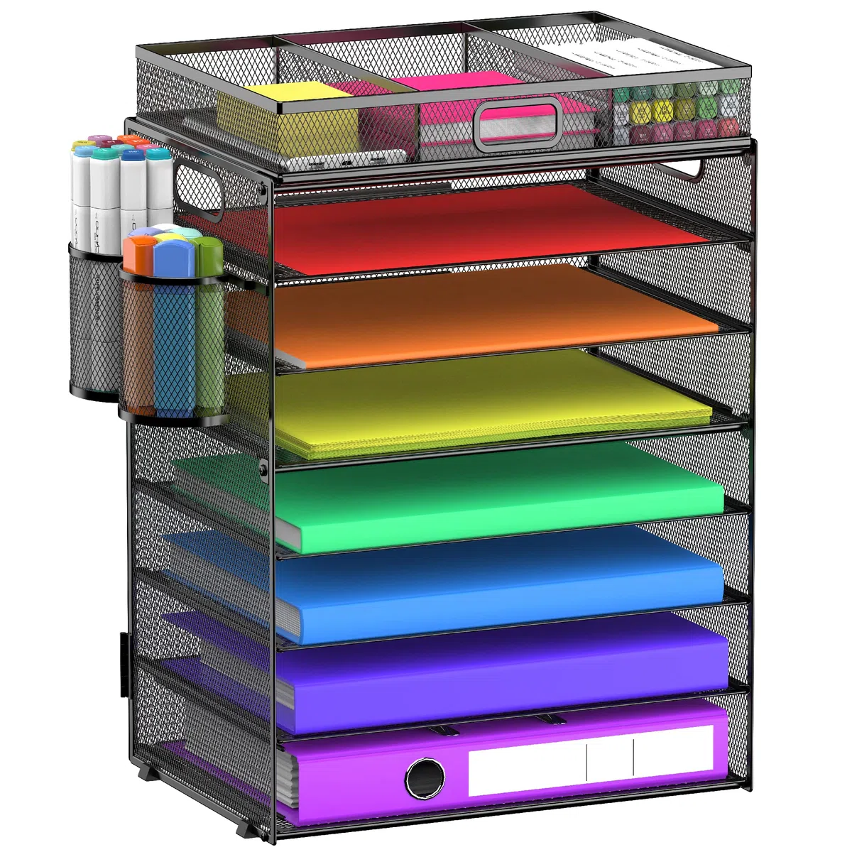 Organizador de bandeja de papel de 8 niveles con cajón y 2 soportes para bolígrafos, organizador de almacenamiento de archivos de escritorio de malla para el hogar, la escuela y la oficina