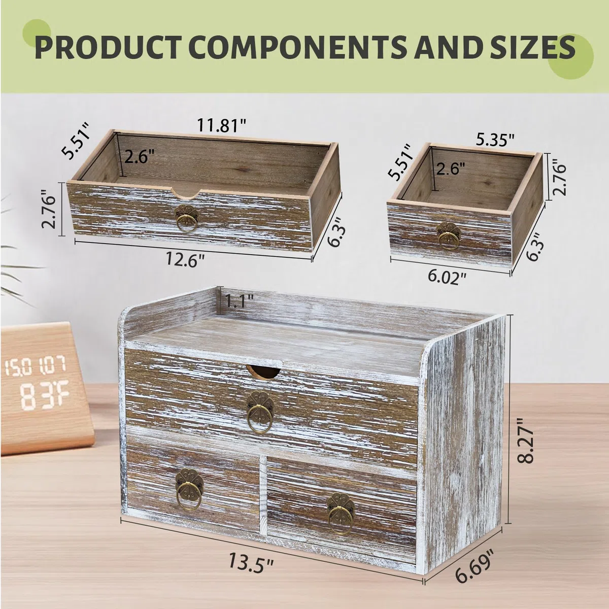 Organizador de escritorio de madera marrón lavado, organizador de escritorio con cajones, mini contenedor de almacenamiento de mesa para suministros de oficina en casa, no requiere montaje