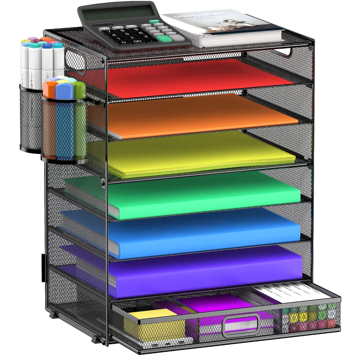 Organizador de bandeja de papel de 8 niveles con cajón y 2 soportes para bolígrafos, organizador de almacenamiento de archivos de escritorio de malla para el hogar, la escuela y la oficina