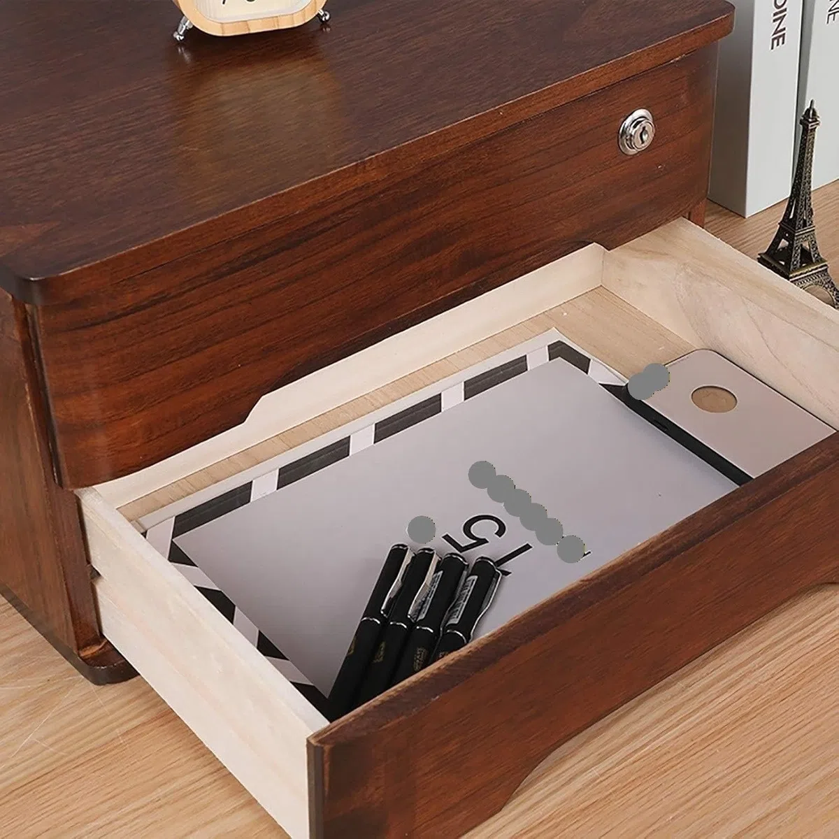 Organizador de Escritorio de Madera con Cerradura y cajones, Caja de Almacenamiento de Recibos A4 para Suministros de Oficina en casa, 4 Capas.