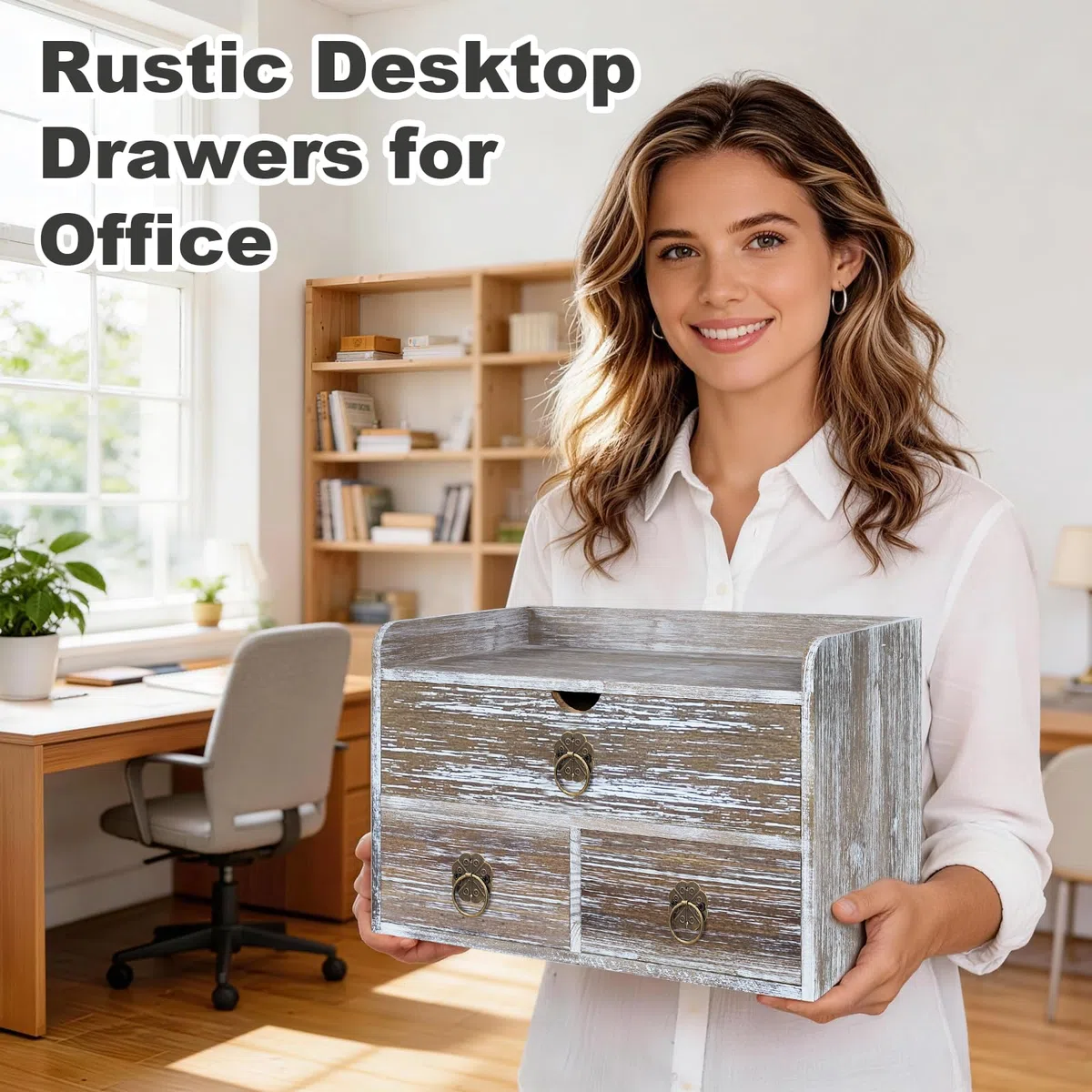 Organizador de escritorio de madera marrón lavado, organizador de escritorio con cajones, mini contenedor de almacenamiento de mesa para suministros de oficina en casa, no requiere montaje