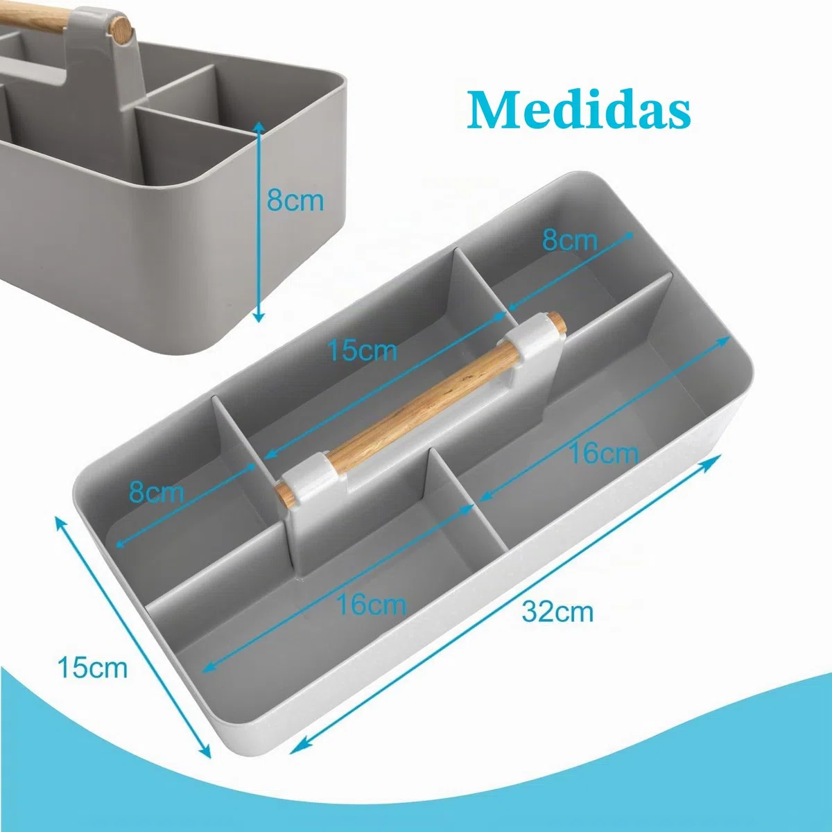 INTIRILIFE Organizador Caddy con asa en gris - 32x15.5x8 cm, Caja de transporte Cesta de almacenaje con 5 compartimentos para baño, habitación infantil, manualidades, escritorio, cosméticos