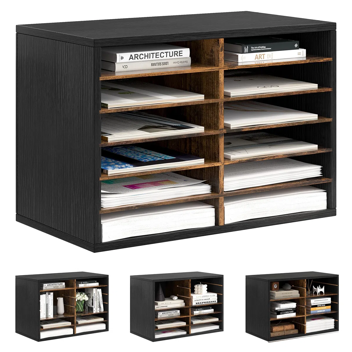Alpeir Organizador de papel de escritorio de madera, capacidad para 6000 hojas de papel A4, 12 ranuras ajustables, organizador de literatura con estantes extraíbles, buzón de aula para asignación de