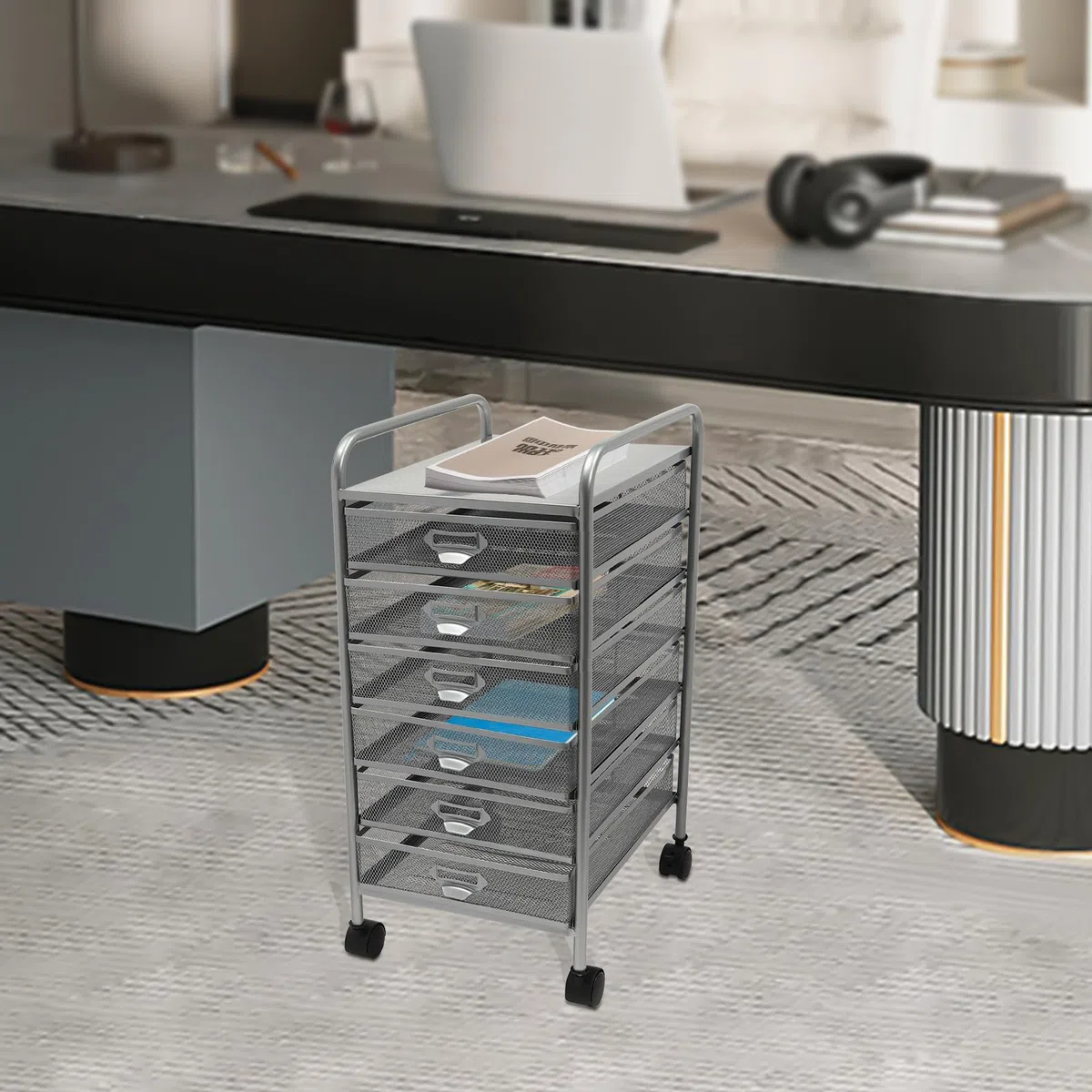 Archivador rodante con 5 o 6 cajones, Organizador de Manualidades con Ruedas, Almacenamiento Delgado para Maquillaje y Utensilios de Cocina (Plateado, 6 Niveles)