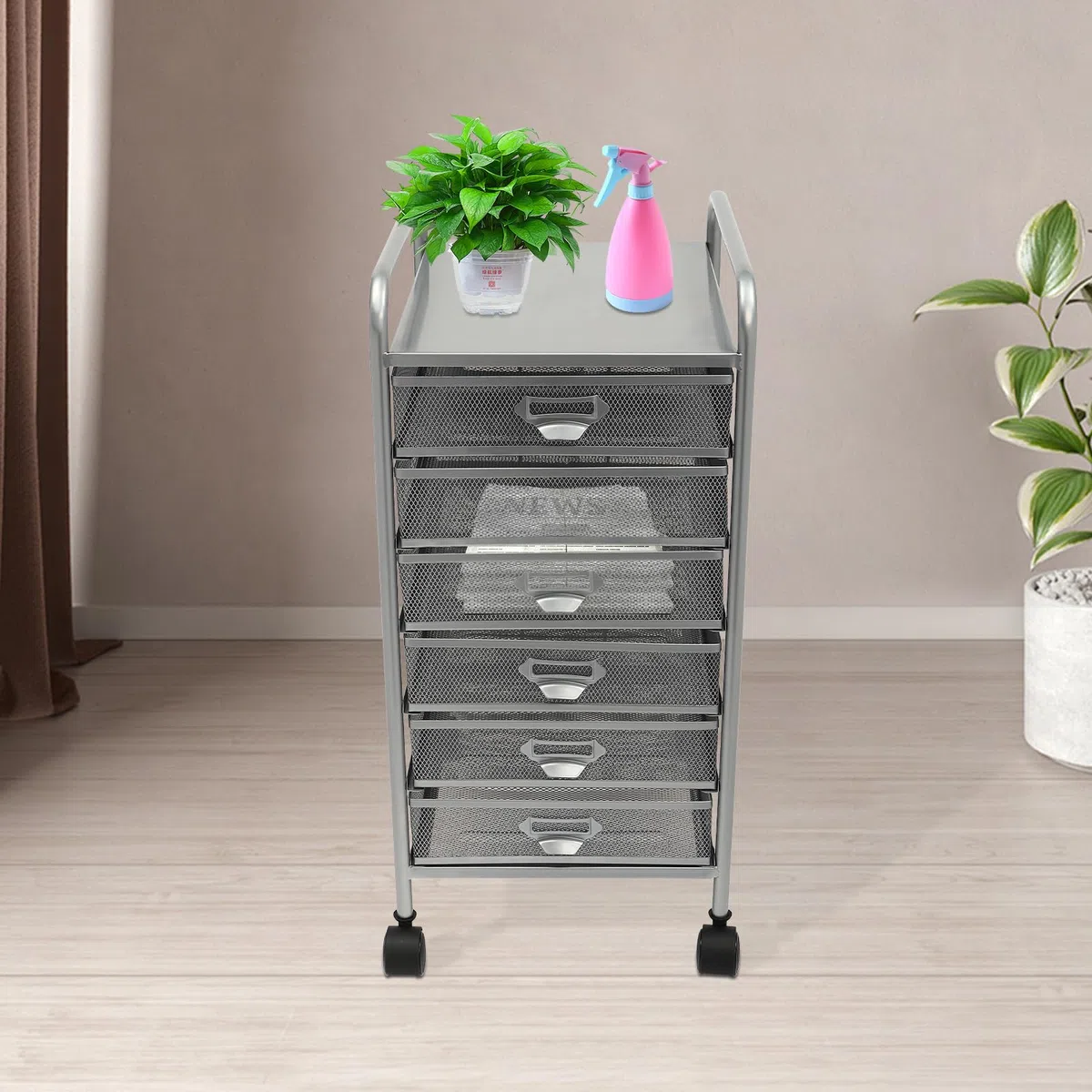 Archivador rodante con 5 o 6 cajones, Organizador de Manualidades con Ruedas, Almacenamiento Delgado para Maquillaje y Utensilios de Cocina (Plateado, 6 Niveles)