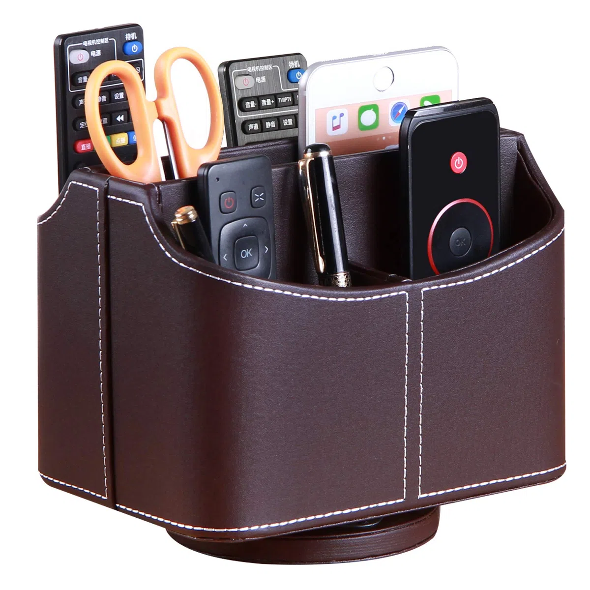 Soporte para mando a distancia de piel sintética con rotación de 360 grados, Multifunción organizador ,caja de almacenamiento para dispositivos multimedia, papelería, soporte de TV