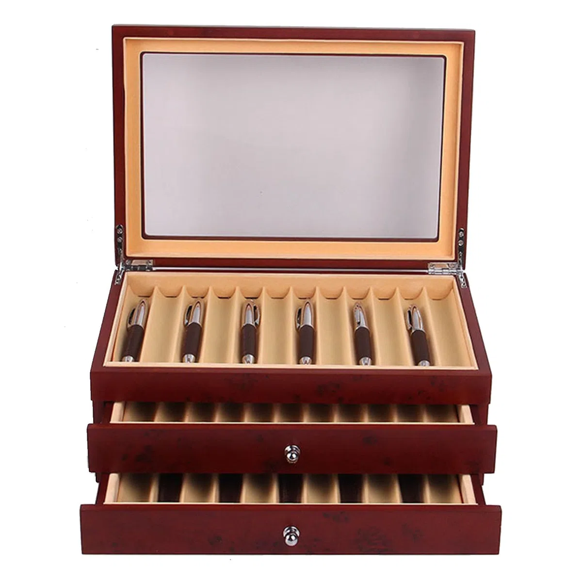 Caja expositora de madera para bolígrafos, estuche organizador grande con cajón y ventana de cristal, solución de almacenamiento perfecta para bolígrafos coleccionables, gran regalo para hombres