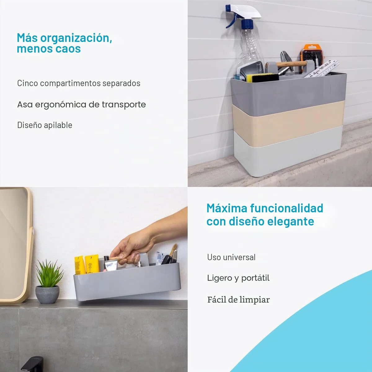 INTIRILIFE Organizador Caddy con asa en gris - 32x15.5x8 cm, Caja de transporte Cesta de almacenaje con 5 compartimentos para baño, habitación infantil, manualidades, escritorio, cosméticos