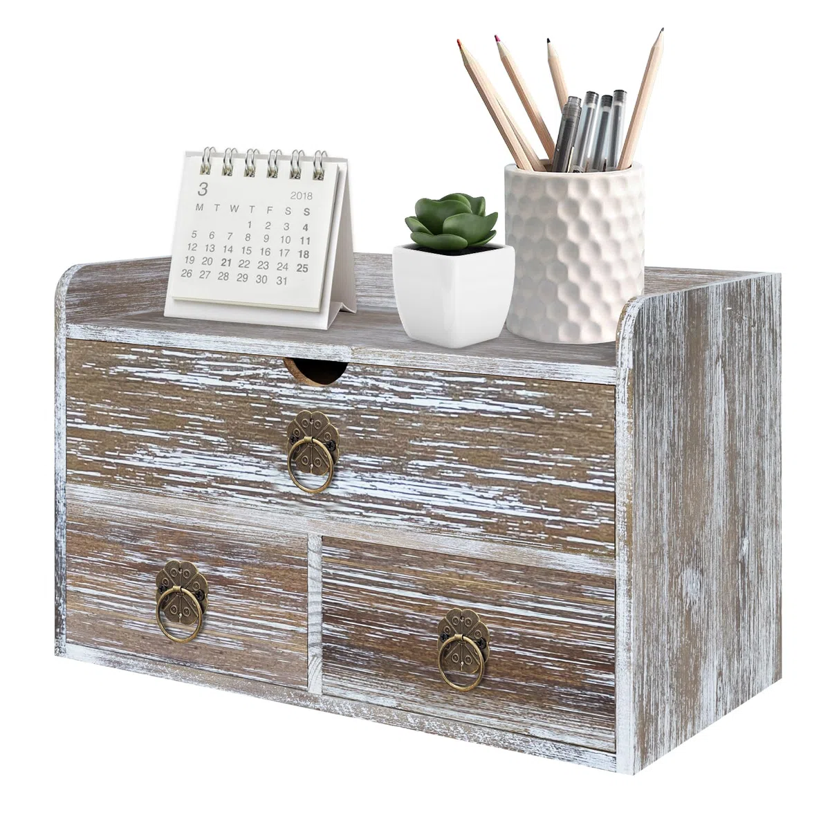 Organizador de escritorio de madera marrón lavado, organizador de escritorio con cajones, mini contenedor de almacenamiento de mesa para suministros de oficina en casa, no requiere montaje