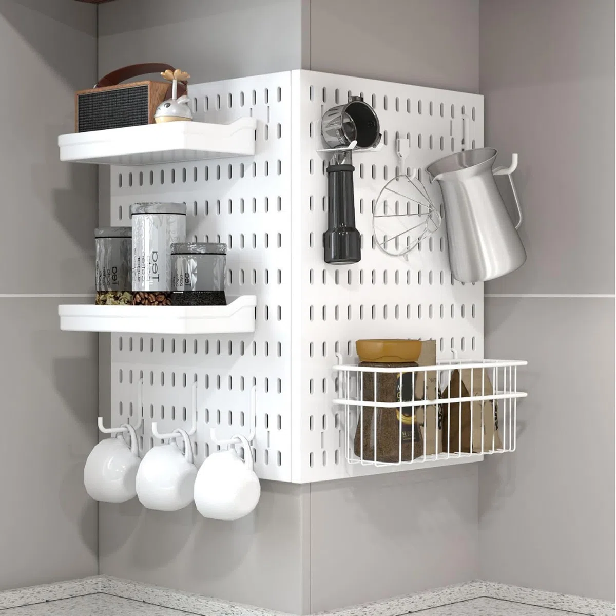 Componentes organizadores modulares de tablero perforado, diseño de tablero de almacenamiento con ranura negra para configuración de escritorio y almacenamiento de artículos pequeños en la pared, de