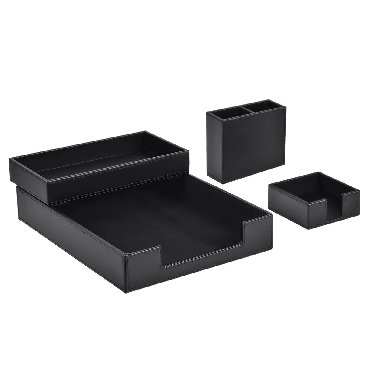 Juego de 4 piezas de cuero para suministros de oficina/organizador de escritorio para bandeja de papel de carta, soporte para notas adhesivas, taza para bolígrafos, bandeja apilable para
