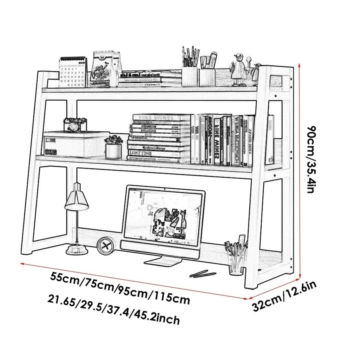 Estante Librería De Sobremesa - Organizador De Escritorio, Soporte De Impresora De Madera Y Metal Suministros De Oficina Organizadores Y Accesorios Estante De Exhibición De Almacenamiento(A,55X32X90CM