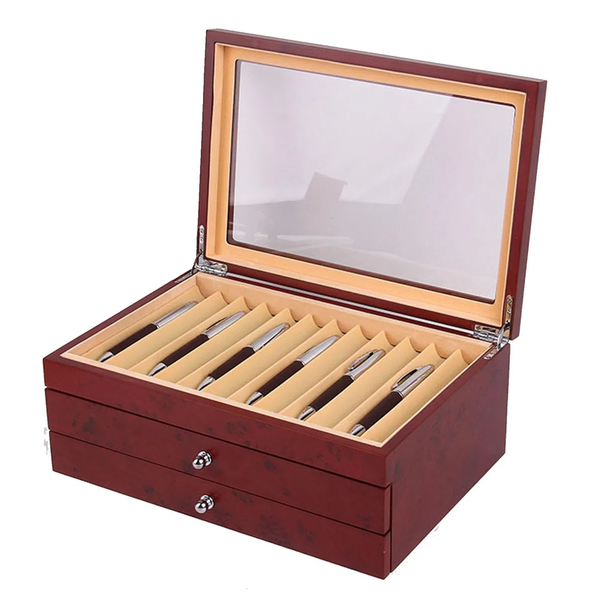 Caja expositora de madera para bolígrafos, estuche organizador grande con cajón y ventana de cristal, solución de almacenamiento perfecta para bolígrafos coleccionables, gran regalo para hombres