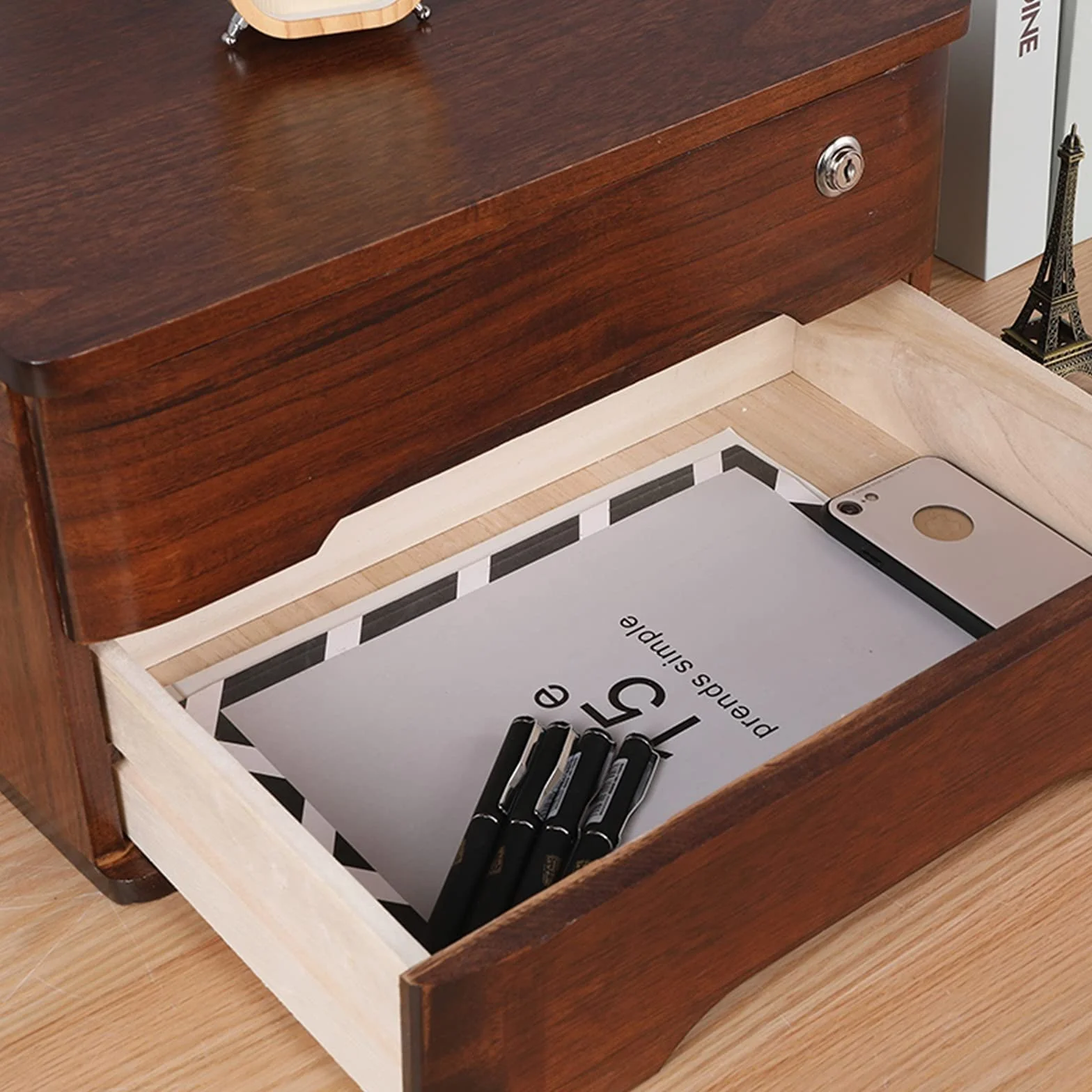 Organizadores de escritorio de madera maciza: caja de almacenamiento de escritorio de madera con cajones con cerradura, suministros de oficina A4/organizador de archivos de recibos, archivador plano (