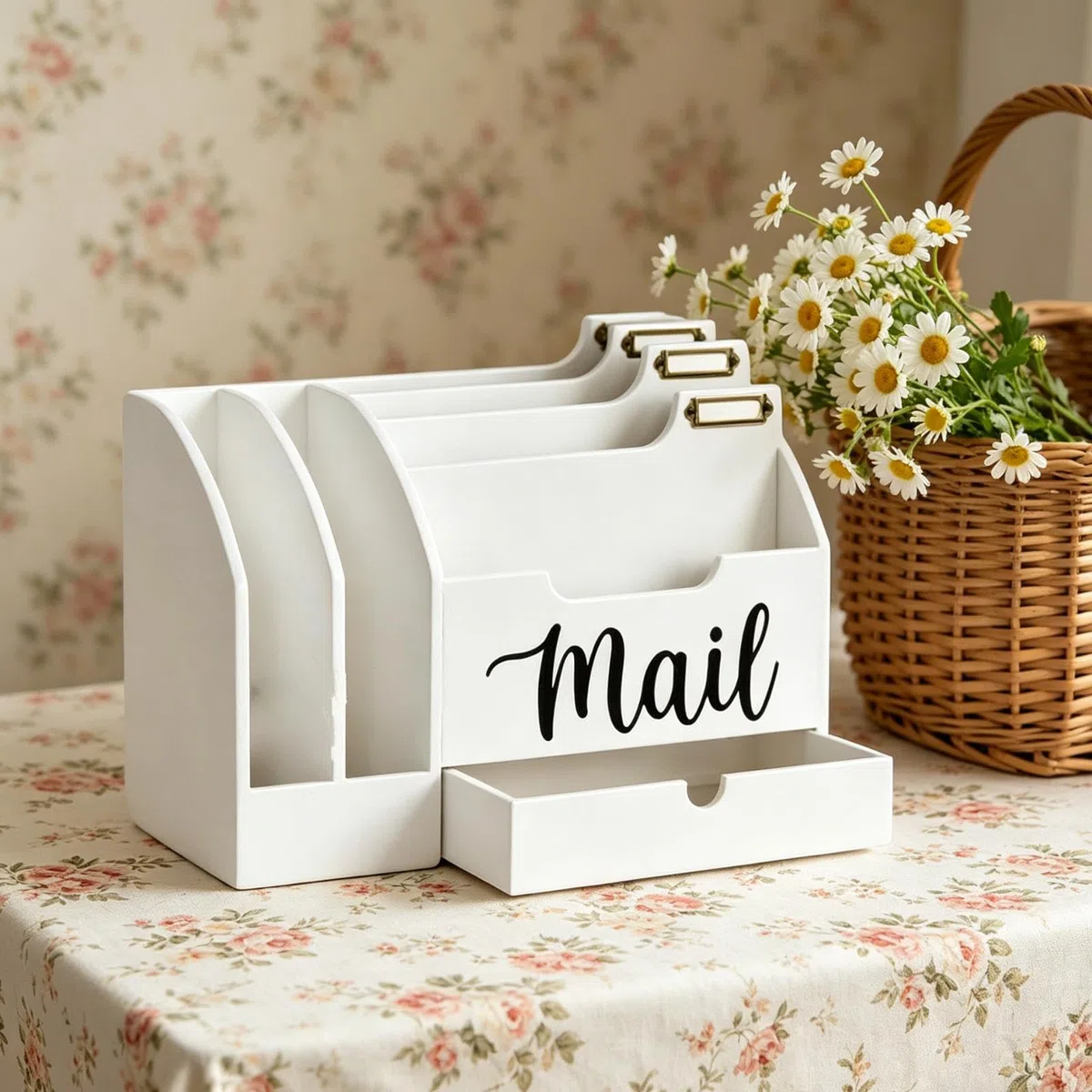Organizador de de Escritorio con Múltiples Compartimentos, Soporte de Cartas de Madera, Cajón Clasificador de Archivos para Una Organización Ef, Blanco