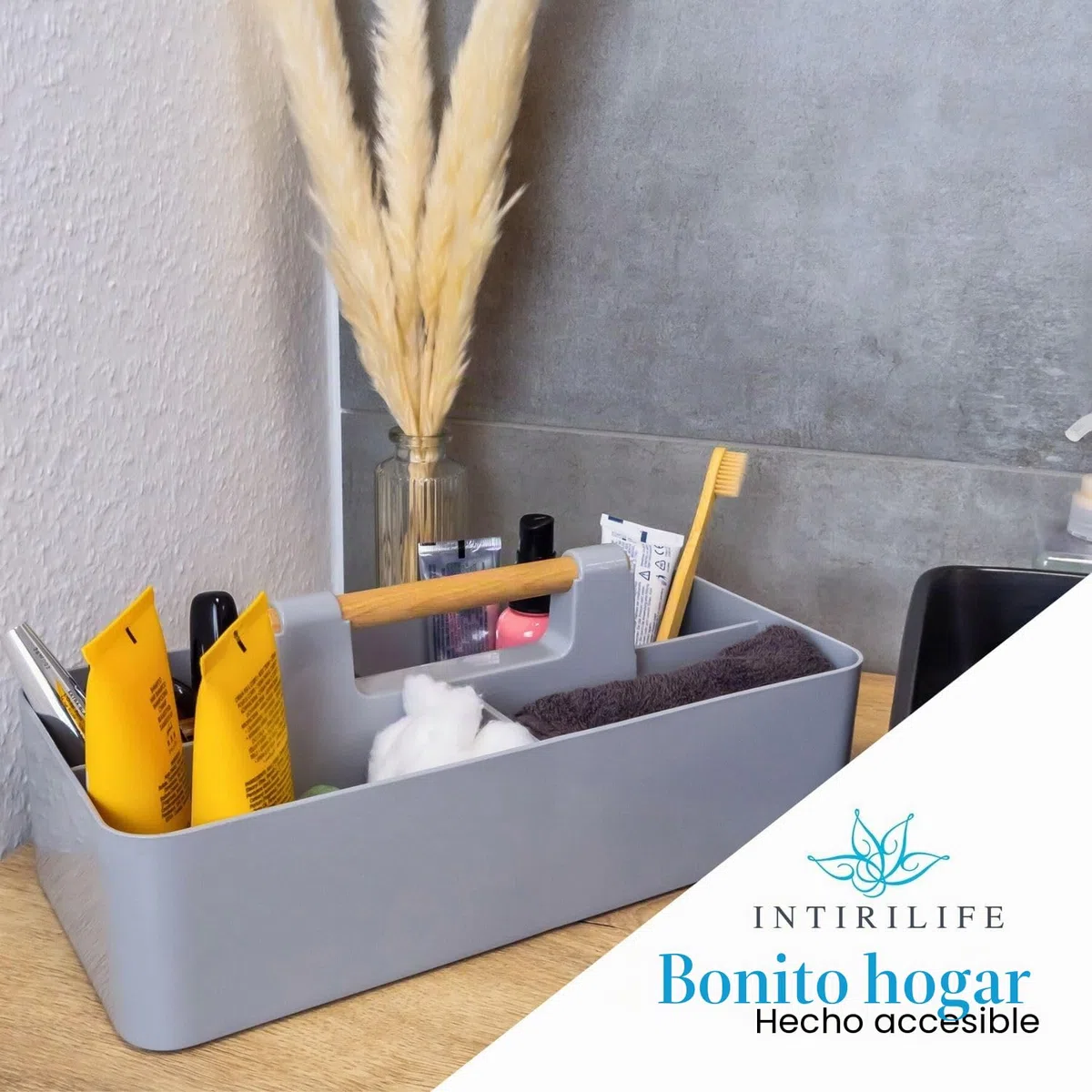 INTIRILIFE Organizador Caddy con asa en gris - 32x15.5x8 cm, Caja de transporte Cesta de almacenaje con 5 compartimentos para baño, habitación infantil, manualidades, escritorio, cosméticos