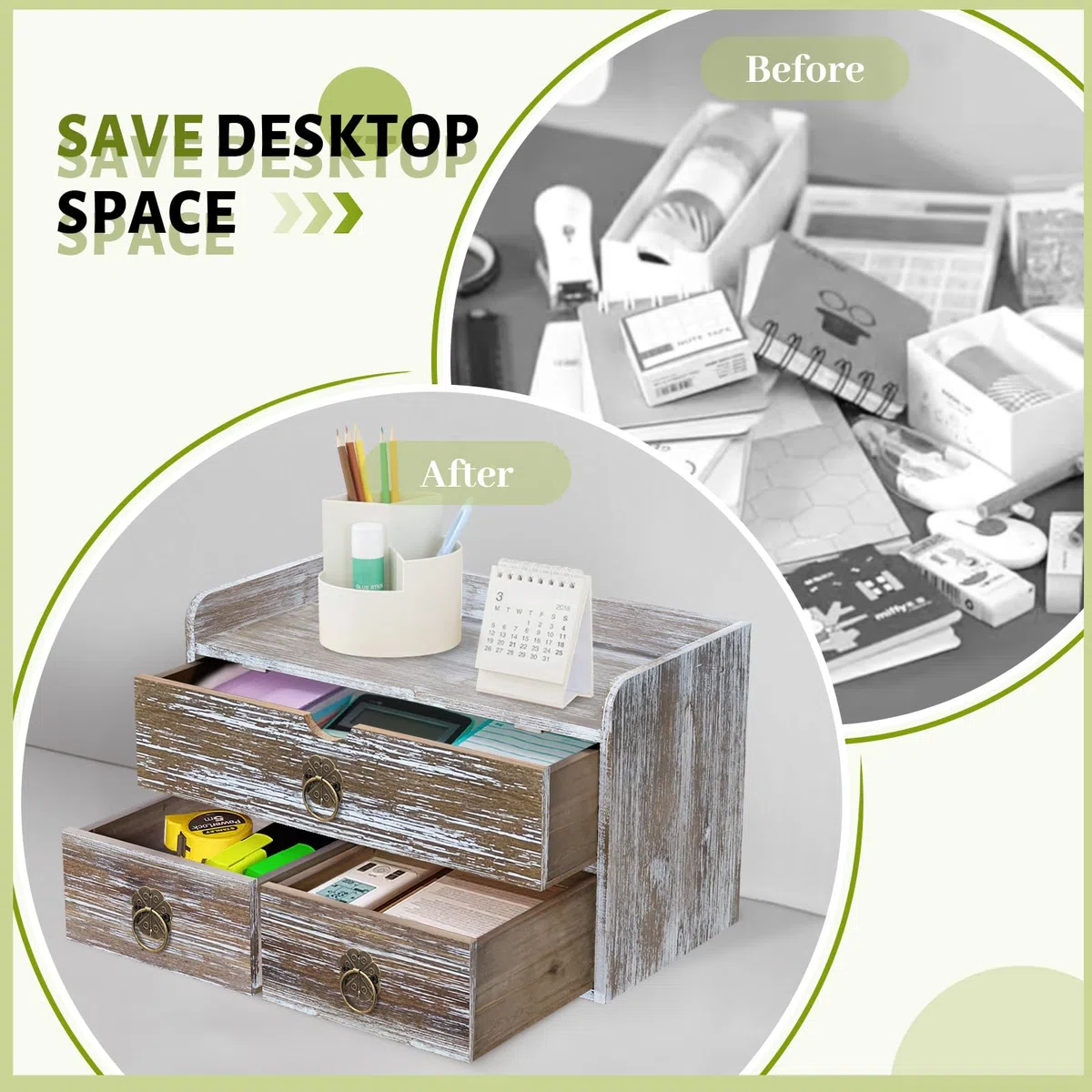 Organizador de escritorio de madera marrón lavado, organizador de escritorio con cajones, mini contenedor de almacenamiento de mesa para suministros de oficina en casa, no requiere montaje