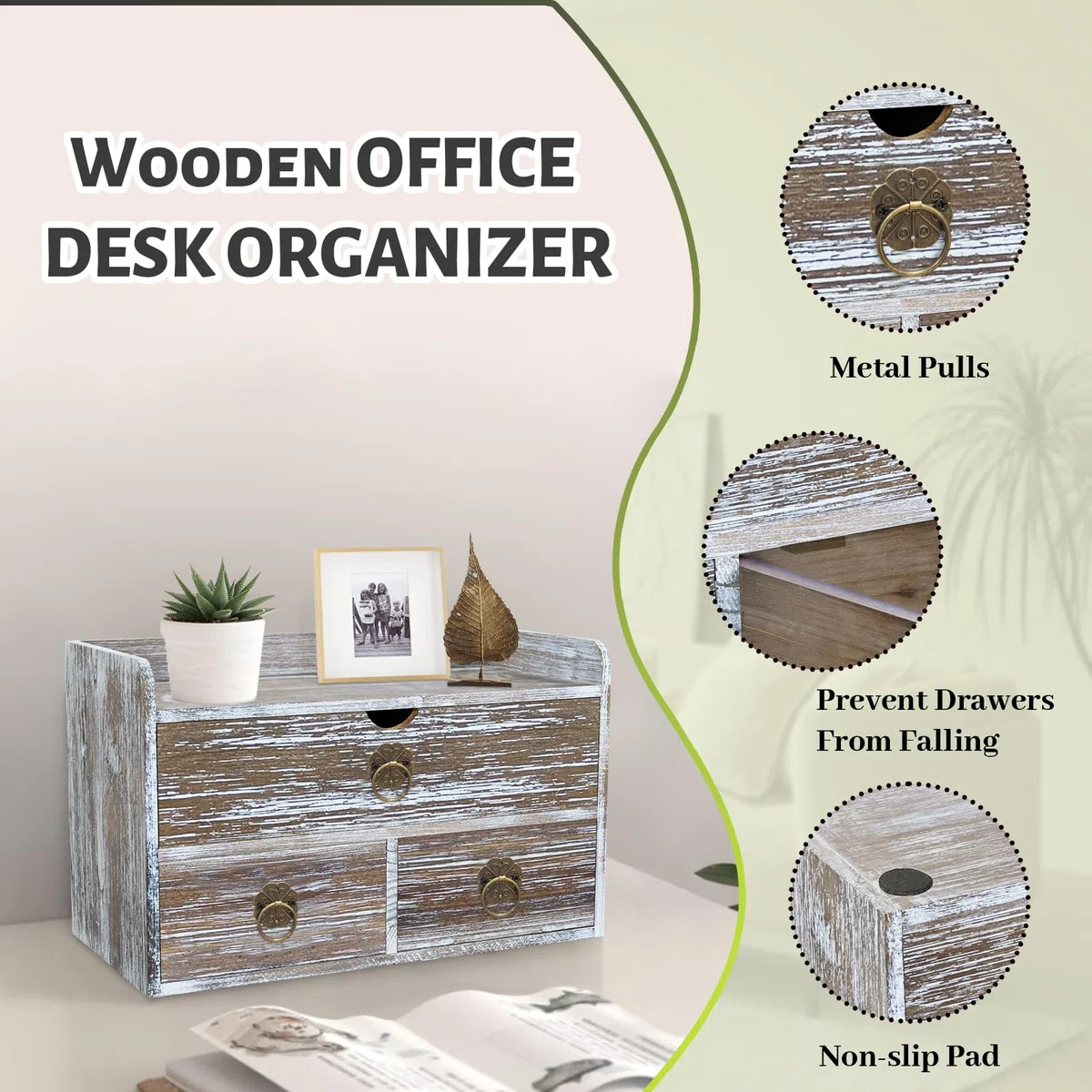 Organizador de escritorio de madera marrón lavado, organizador de escritorio con cajones, mini contenedor de almacenamiento de mesa para suministros de oficina en casa, no requiere montaje